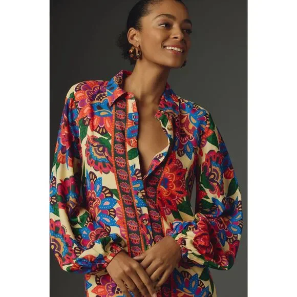 Anthropologie Farm Rio Long-Sleeve Button-Front Midi Dress - Picture 2 of 8